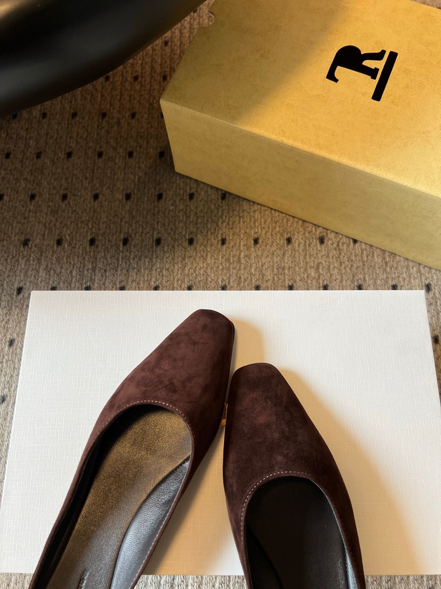 THE ROW 26S SQUARE TOE BACKLESS SLIDES IN DARK BROWN CALF HAIR