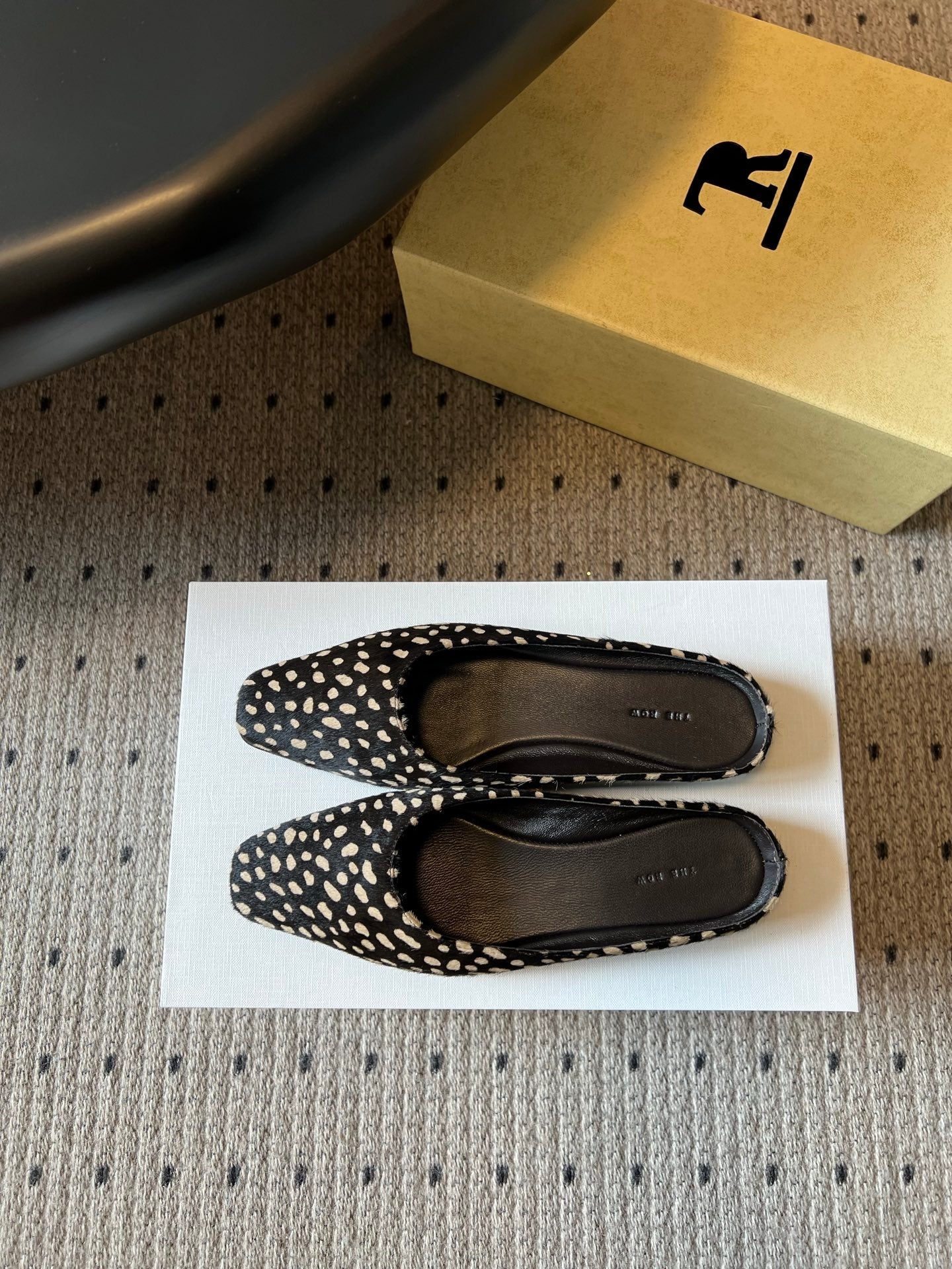 THE ROW 26S SQUARE TOE BACKLESS SLIDES IN BLACK SPOTTED CALF HAIR