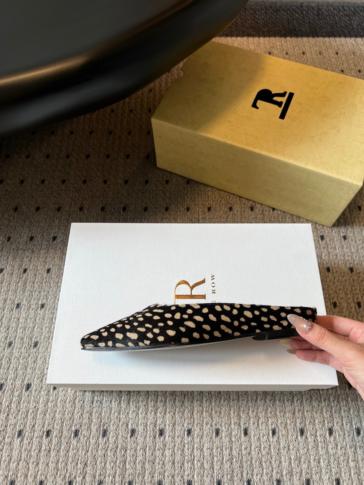 THE ROW 26S SQUARE TOE BACKLESS SLIDES IN BLACK SPOTTED CALF HAIR