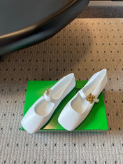 BOTTEGA VENETA 26S MARY JANE FLATS IN WHITE LAMBSKIN WITH GOLD HARDWARE