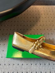 BOTTEGA VENETA 26S MARY JANE FLATS IN GOLD LAMBSKIN WITH GOLD HARDWARE