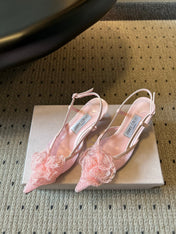 JIMMY CHOO 26S HEELED SLINGSBACKS 50 MM IN BALLET PINK LACE AND CALFSKIN