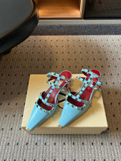 VALENTINO 26S ROCKSTUD HIGH HEELS 40 MM IN LIGHT BLUE CALFSKIN