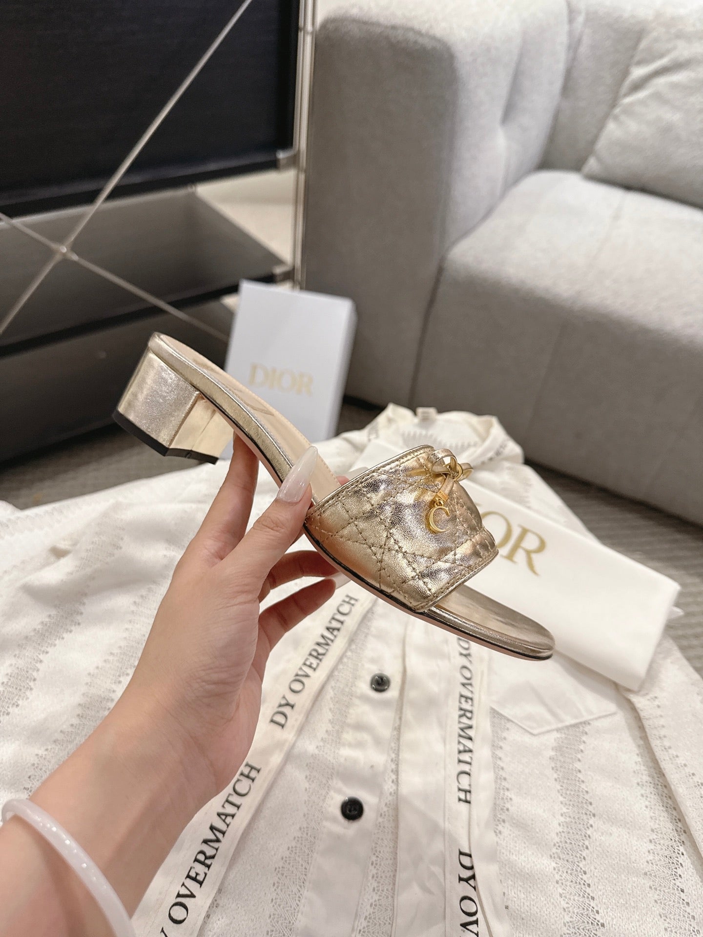 DIOR 26S HEELED MULES 45 MM IN GOLD QUILTED CALFSKIN GOLD HARDWARE
