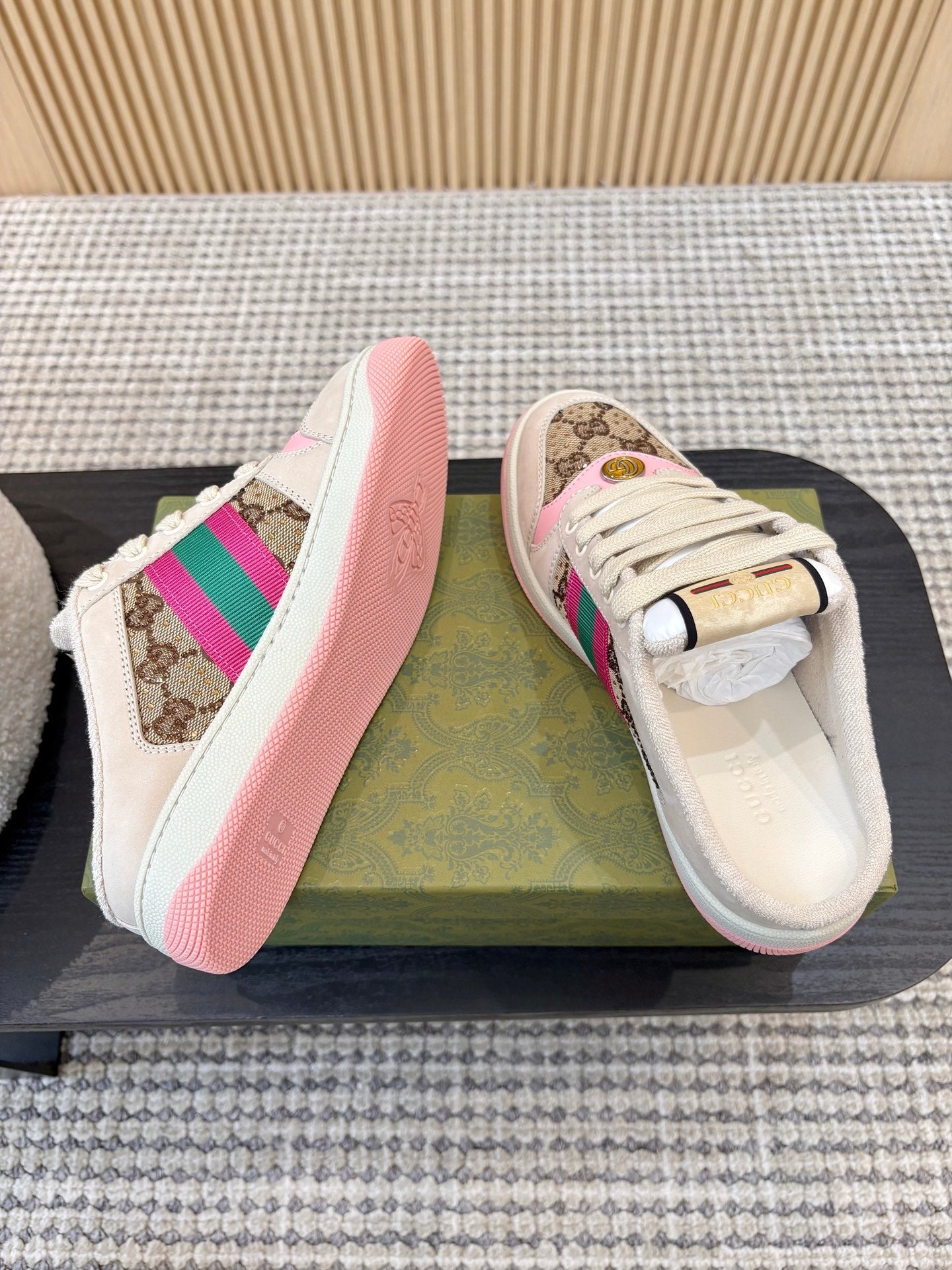 GUCCI 26S BACKLESS SNEAKERS IN BROWN CANVAS AND BEIGE LEATHER