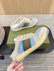 GUCCI 26S BACKLESS SNEAKERS IN BLUE CANVAS AND BEIGE LEATHER