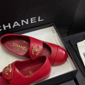 CHANEL 26S MARY JANE FLATS IN RED CALFSKIN WITH GOLD TONE CC LOGO