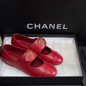 CHANEL 26S MARY JANE FLATS IN RED CALFSKIN WITH GOLD TONE CC LOGO