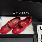 CHANEL 26S MARY JANE FLATS IN RED CALFSKIN WITH GOLD TONE CC LOGO