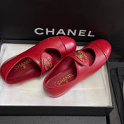CHANEL 26S MARY JANE FLATS IN RED CALFSKIN WITH GOLD TONE CC LOGO