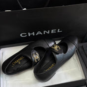 CHANEL 26S MARY JANE FLATS IN BLACK CALFSKIN WITH GOLD TONE CC LOGO