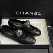 CHANEL 26S MARY JANE FLATS IN BLACK CALFSKIN WITH GOLD TONE CC LOGO