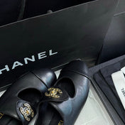 CHANEL 26S MARY JANE FLATS IN BLACK CALFSKIN WITH GOLD TONE CC LOGO