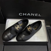 CHANEL 26S MARY JANE FLATS IN BLACK CALFSKIN WITH GOLD TONE CC LOGO