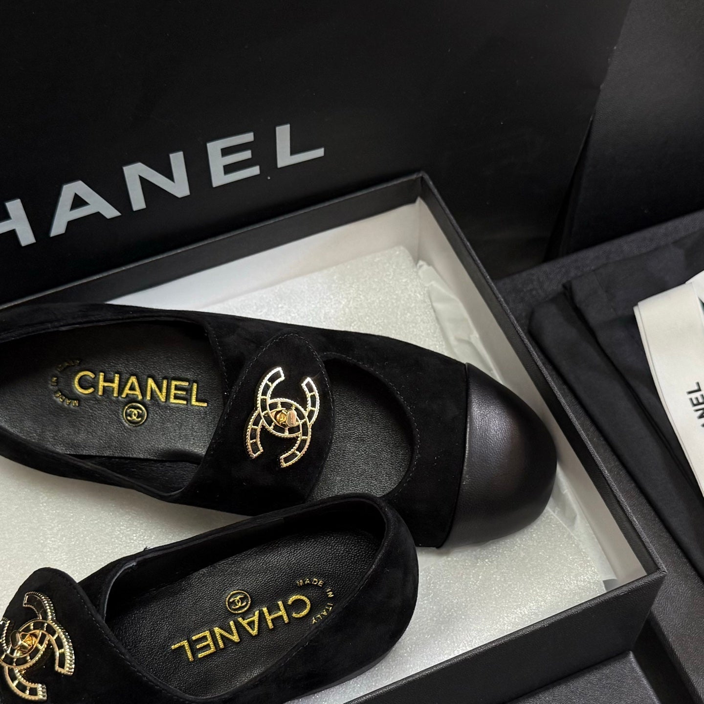 CHANEL 26S MARY JANE FLATS IN BLACK SUEDE AND CALFSKIN