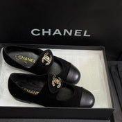 CHANEL 26S MARY JANE FLATS IN BLACK SUEDE AND CALFSKIN