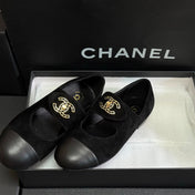 CHANEL 26S MARY JANE FLATS IN BLACK SUEDE AND CALFSKIN