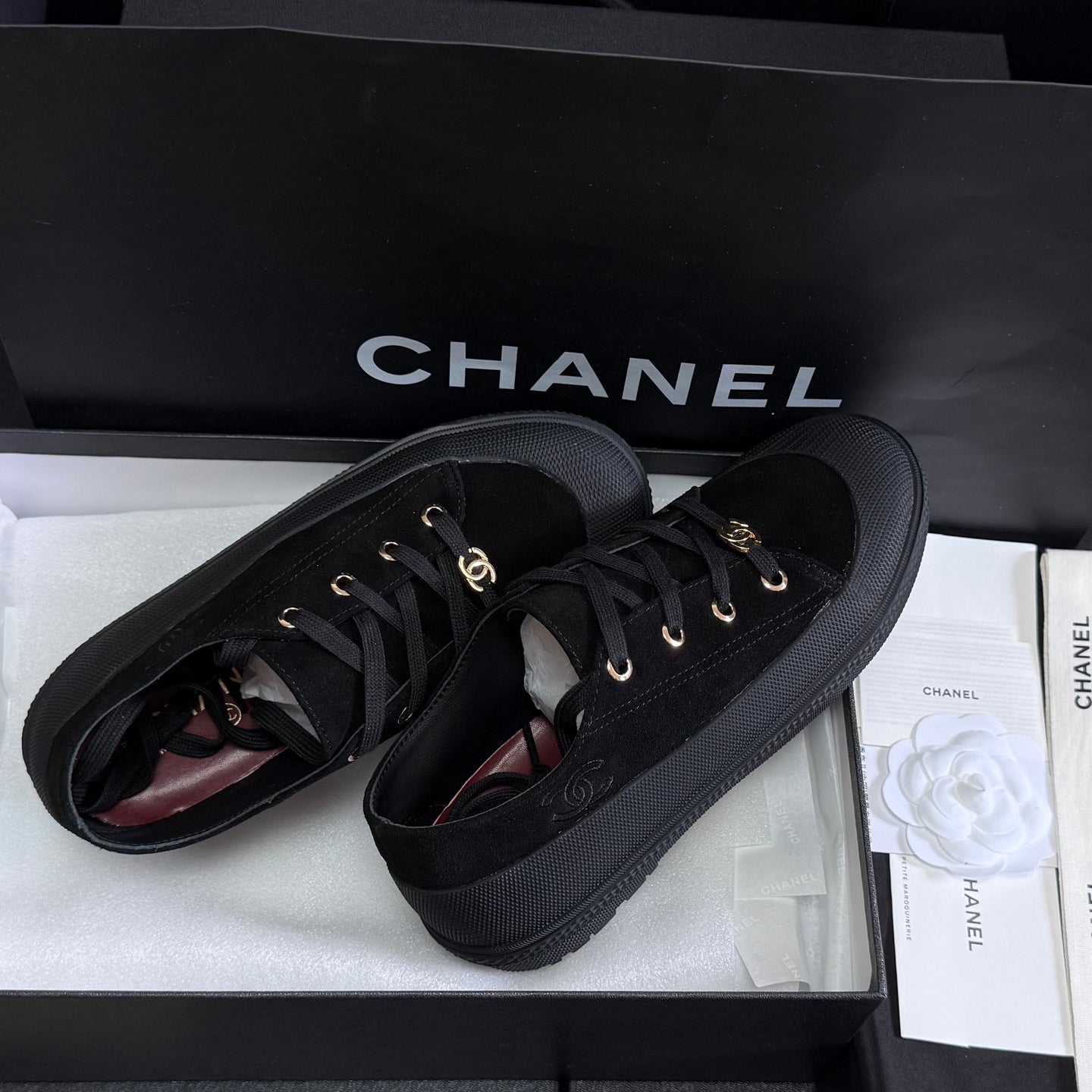 CHANEL 26S LOW TOP SNEAKERS IN BLACK SUEDE
