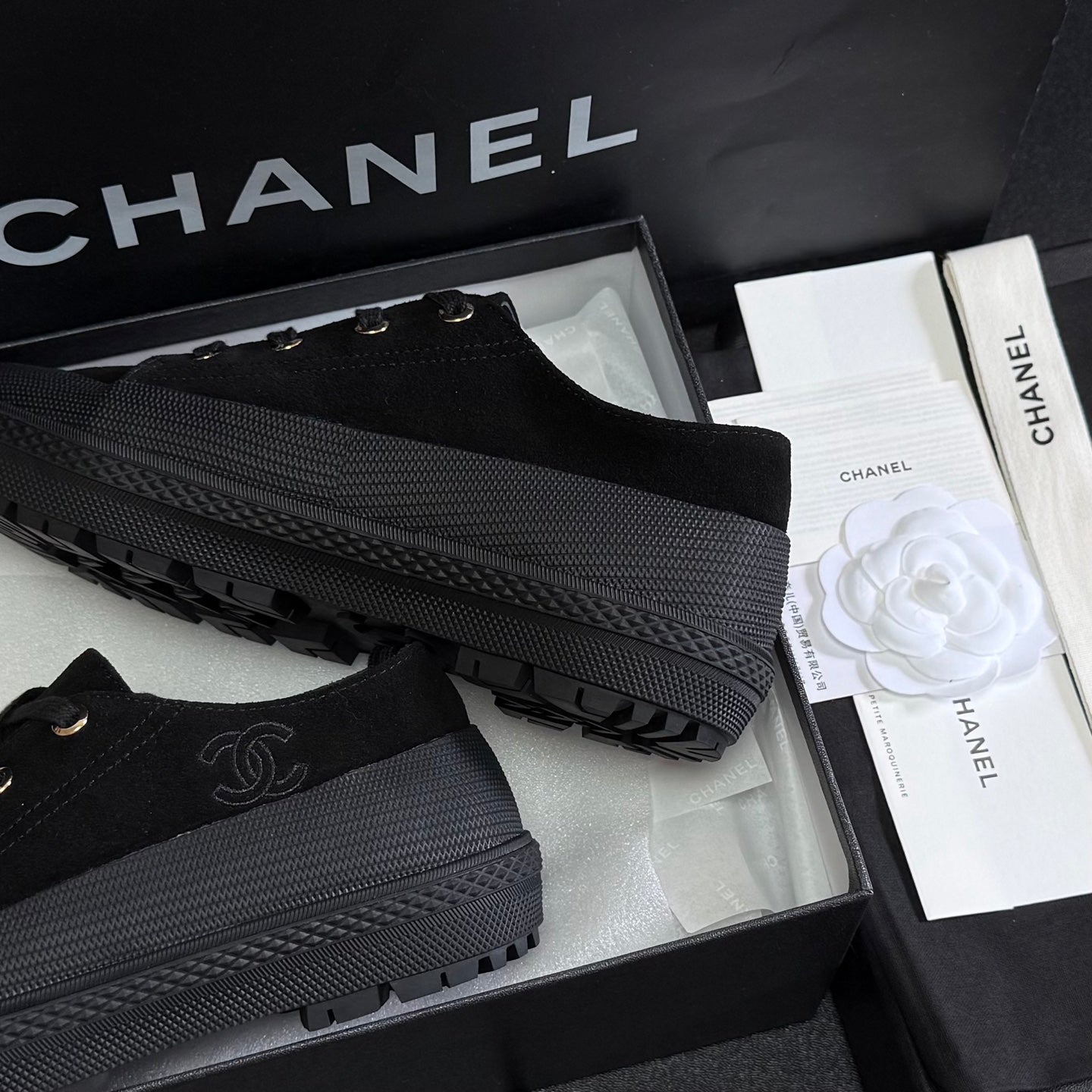 CHANEL 26S LOW TOP SNEAKERS IN BLACK SUEDE