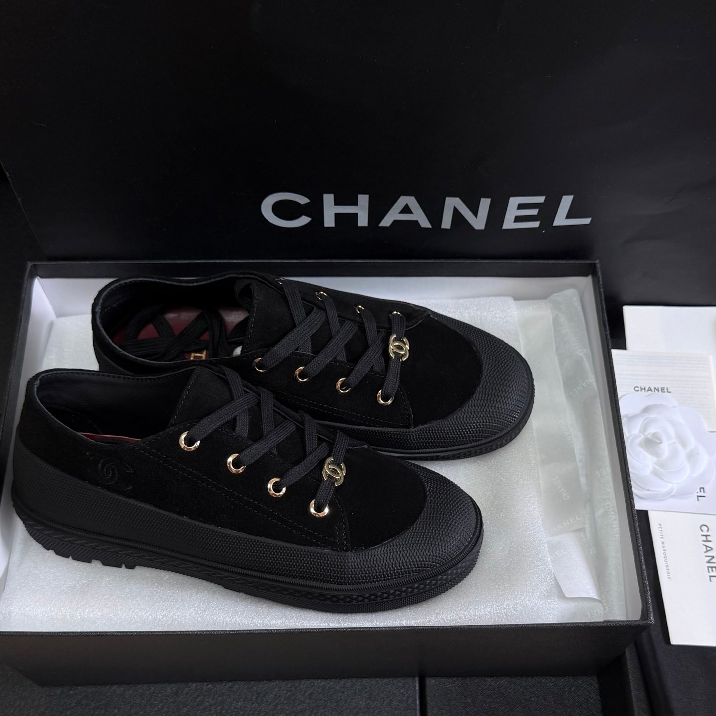 CHANEL 26S LOW TOP SNEAKERS IN BLACK SUEDE