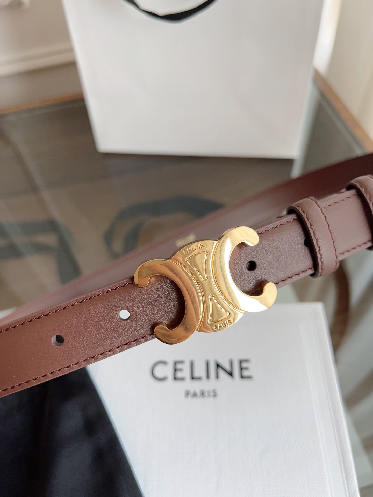 TRIOMPHE BELT 24MM IN BROWN CALFSKIN WITH GOLD BUCKLE