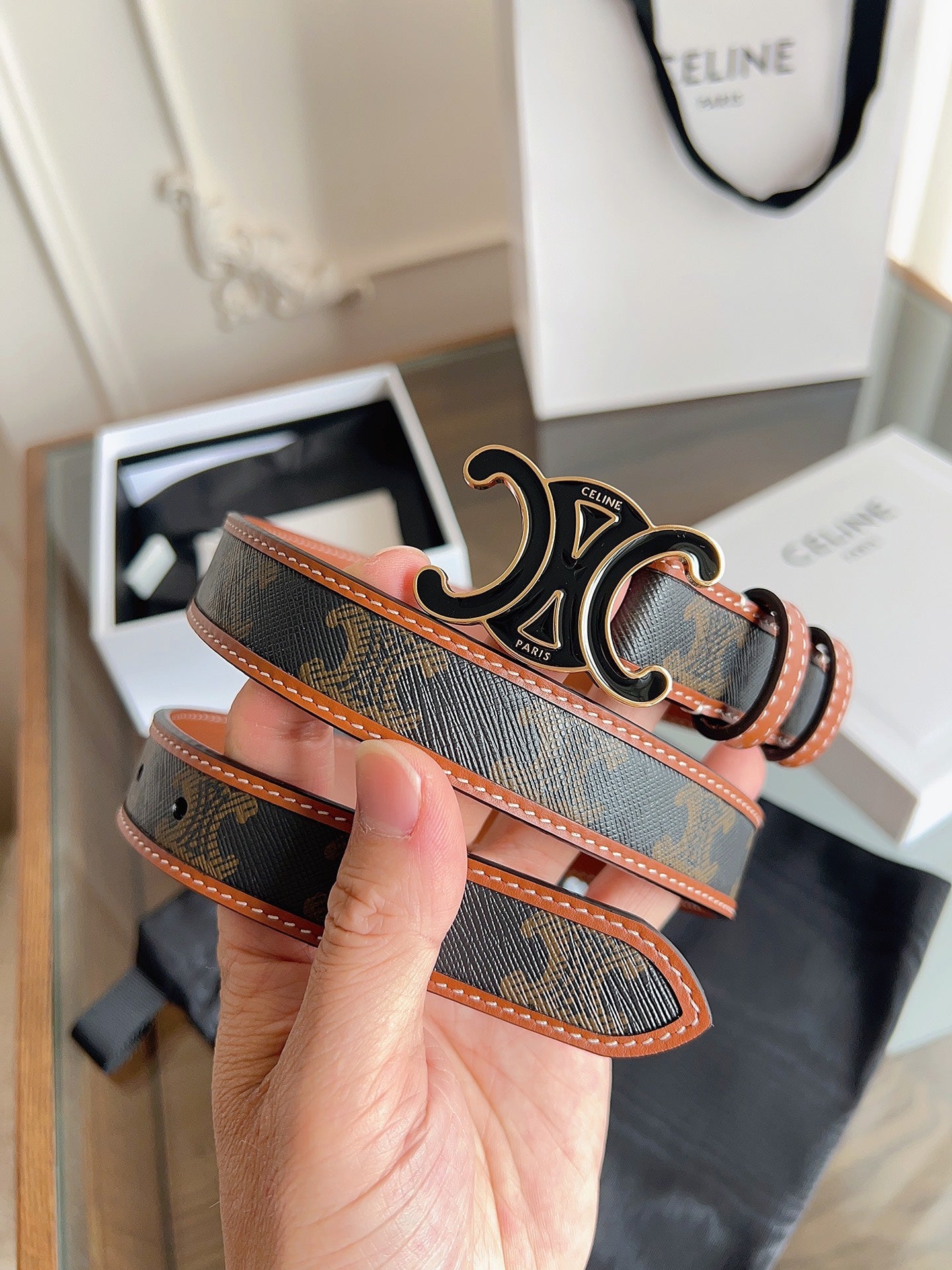 CELINE 26S BELT 25 MM IN BLACK AND BROWN CALFSKIN 669834