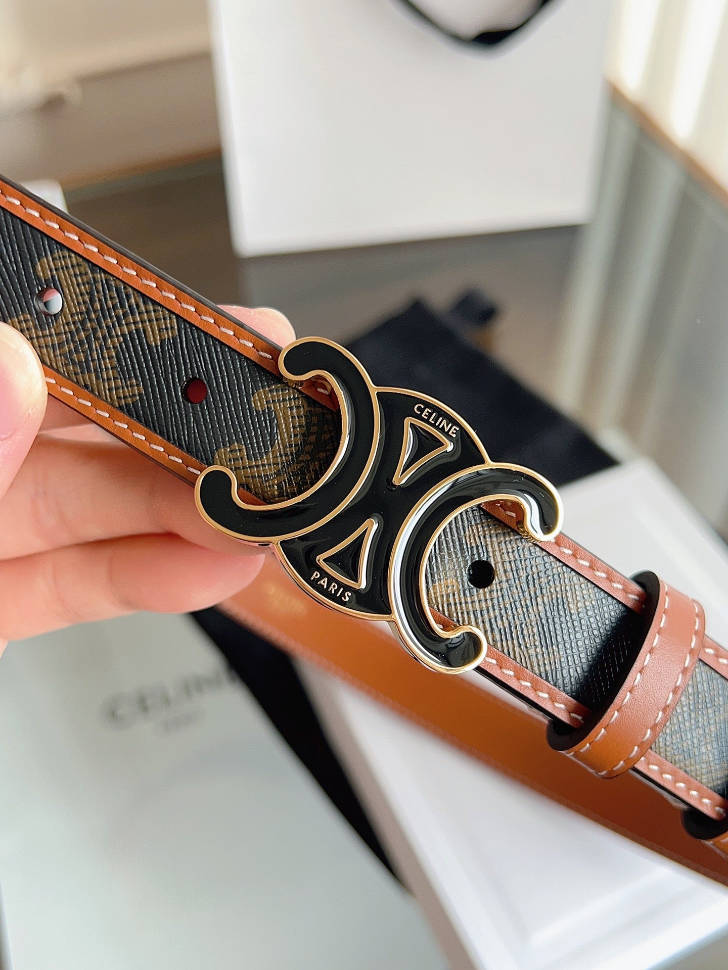CELINE 26S BELT 25 MM IN BLACK AND BROWN CALFSKIN 669834