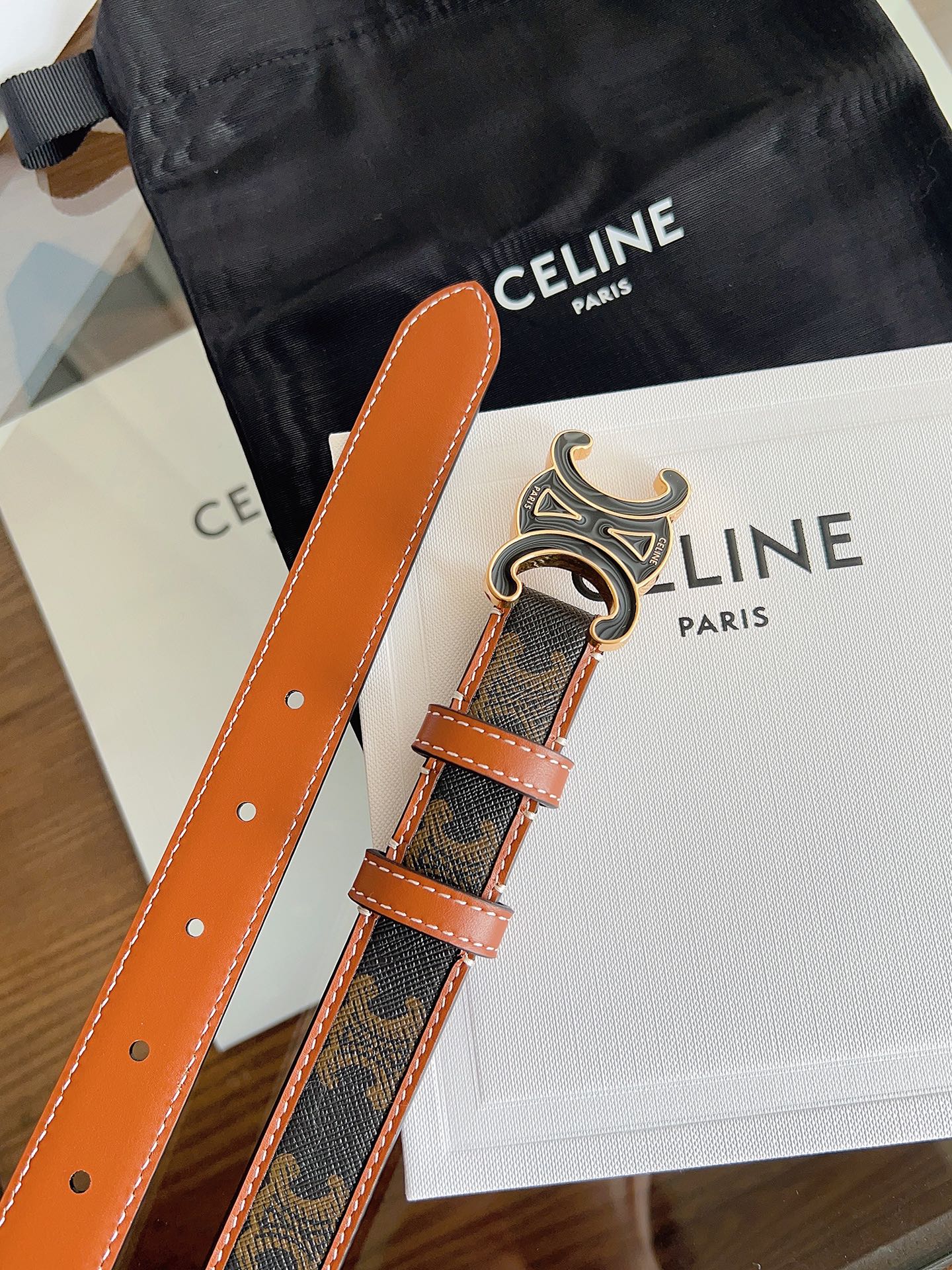 CELINE 26S BELT 25 MM IN BLACK AND BROWN CALFSKIN 669834