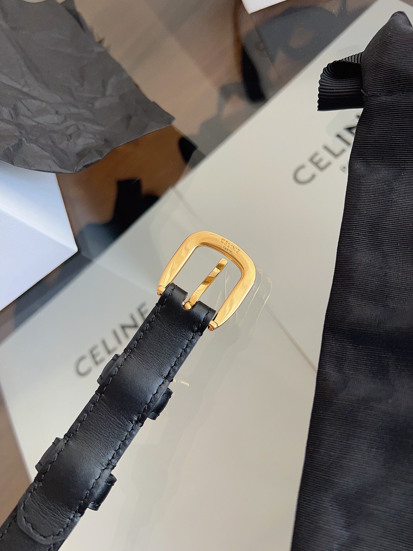 CELINE 26S BELT 18 MM IN BLACK CALFSKIN 658526