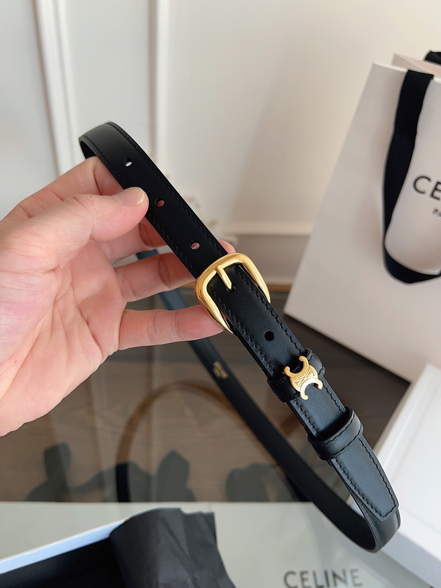 CELINE 26S BELT 18 MM IN BLACK CALFSKIN 658526