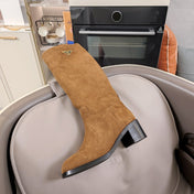 KNEE BOOTS WITH TRIANGLE LOGO IN CAMEL SUEDE