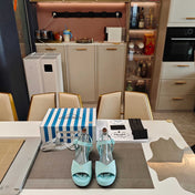 PRADA 26S HEELED SANDALS 65MM IN DUSTY TEAL BLUE SUEDE