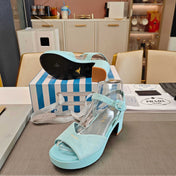 PRADA 26S HEELED SANDALS 65MM IN DUSTY TEAL BLUE SUEDE