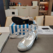 PRADA 26S HEELED SANDALS 65MM IN SILVER CALFSKIN