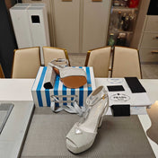 PRADA 26S HEELED SANDALS 135MM IN LIGHT GRAY SUEDE