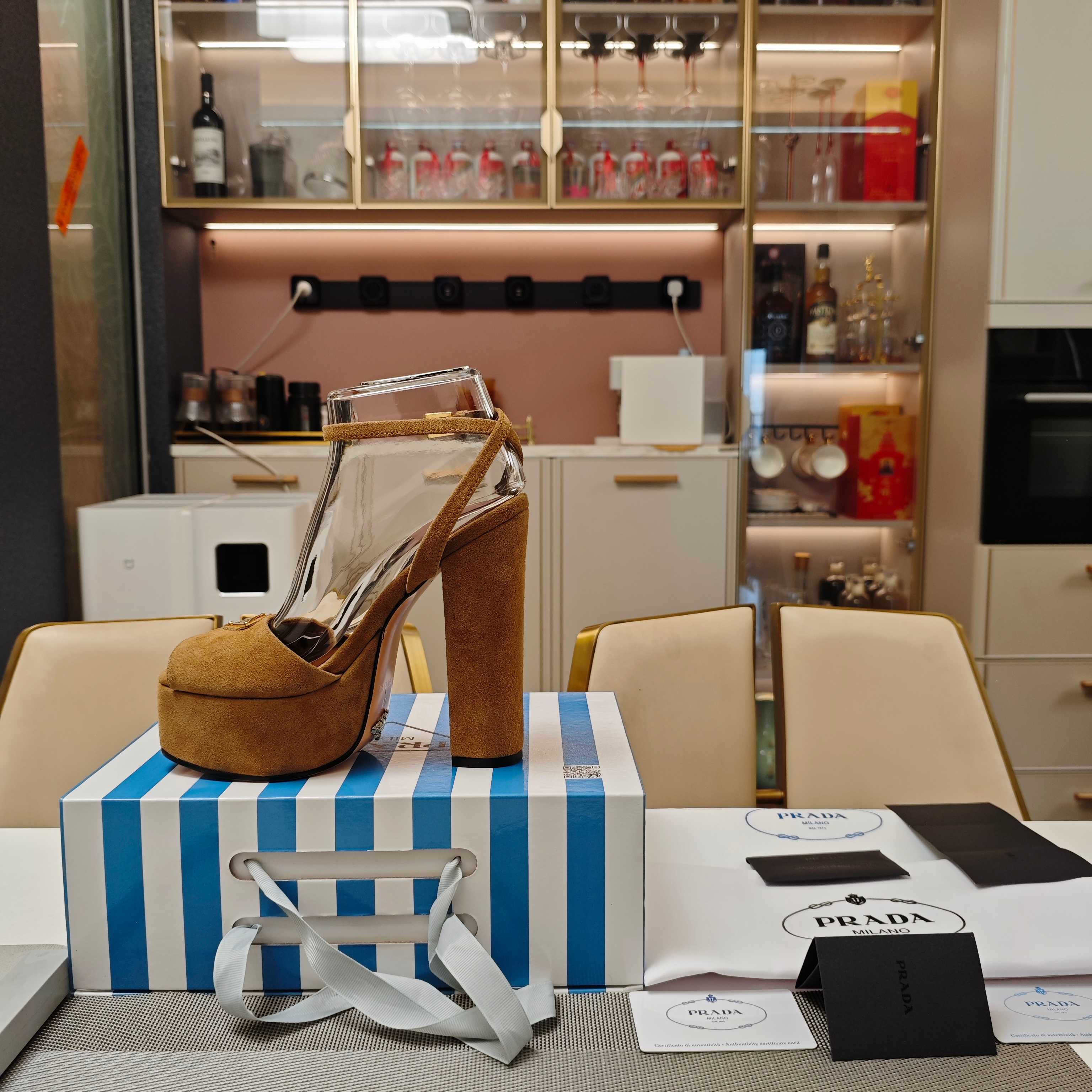 PRADA 26S HEELED SANDALS 135MM IN CARAMEL BROWN SUEDE