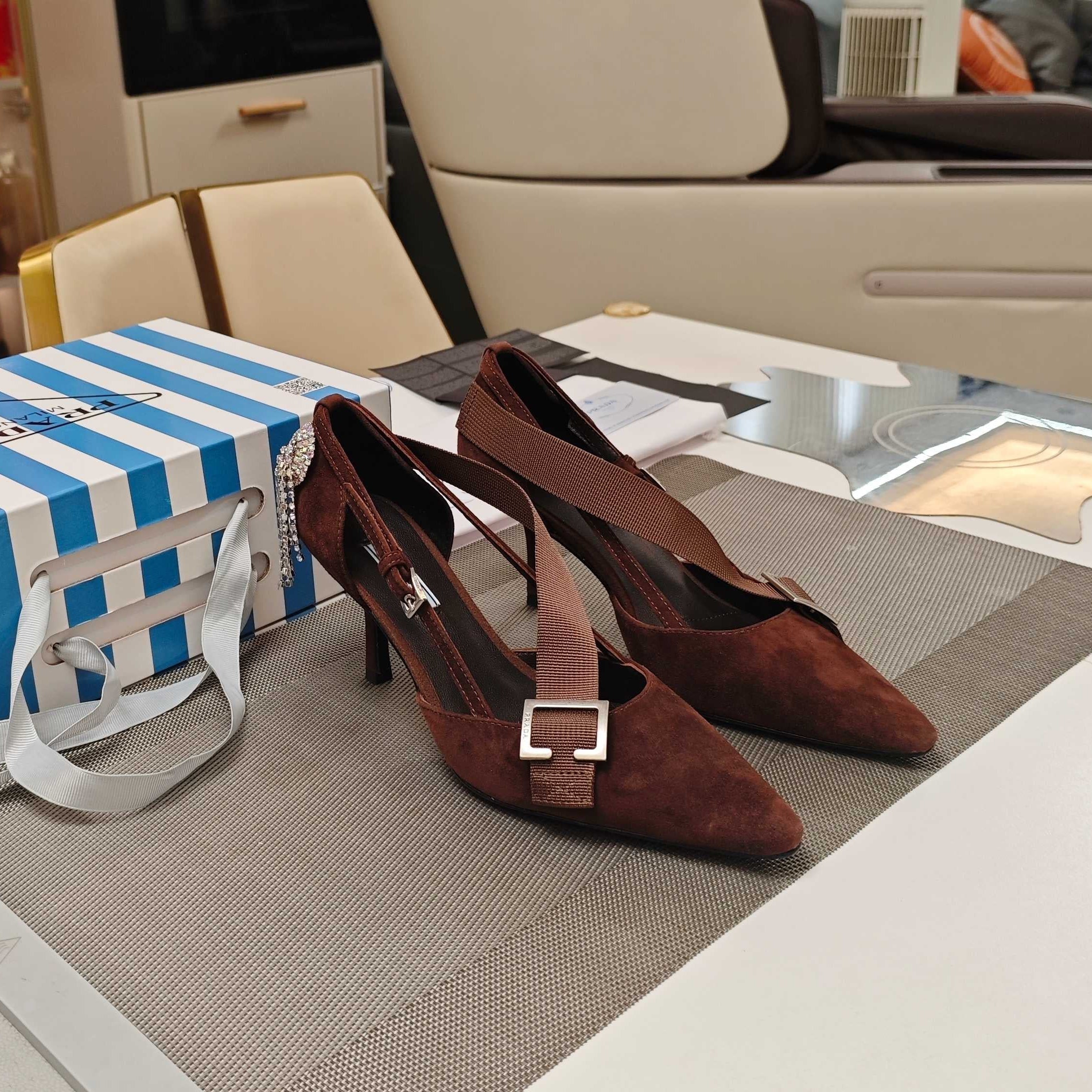 PRADA 26S POINTED-TOE HIGH-HEELED 70MM IN DARK BROWN SUEDE