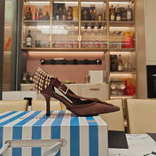 PRADA 26S POINTED-TOE HIGH-HEELED 70MM IN ROSE BROWN FABRIC