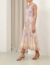 ZIMMER PLEATED V-NECK SLEEVELESS DRESS IN BEIGE MIX PURPLE