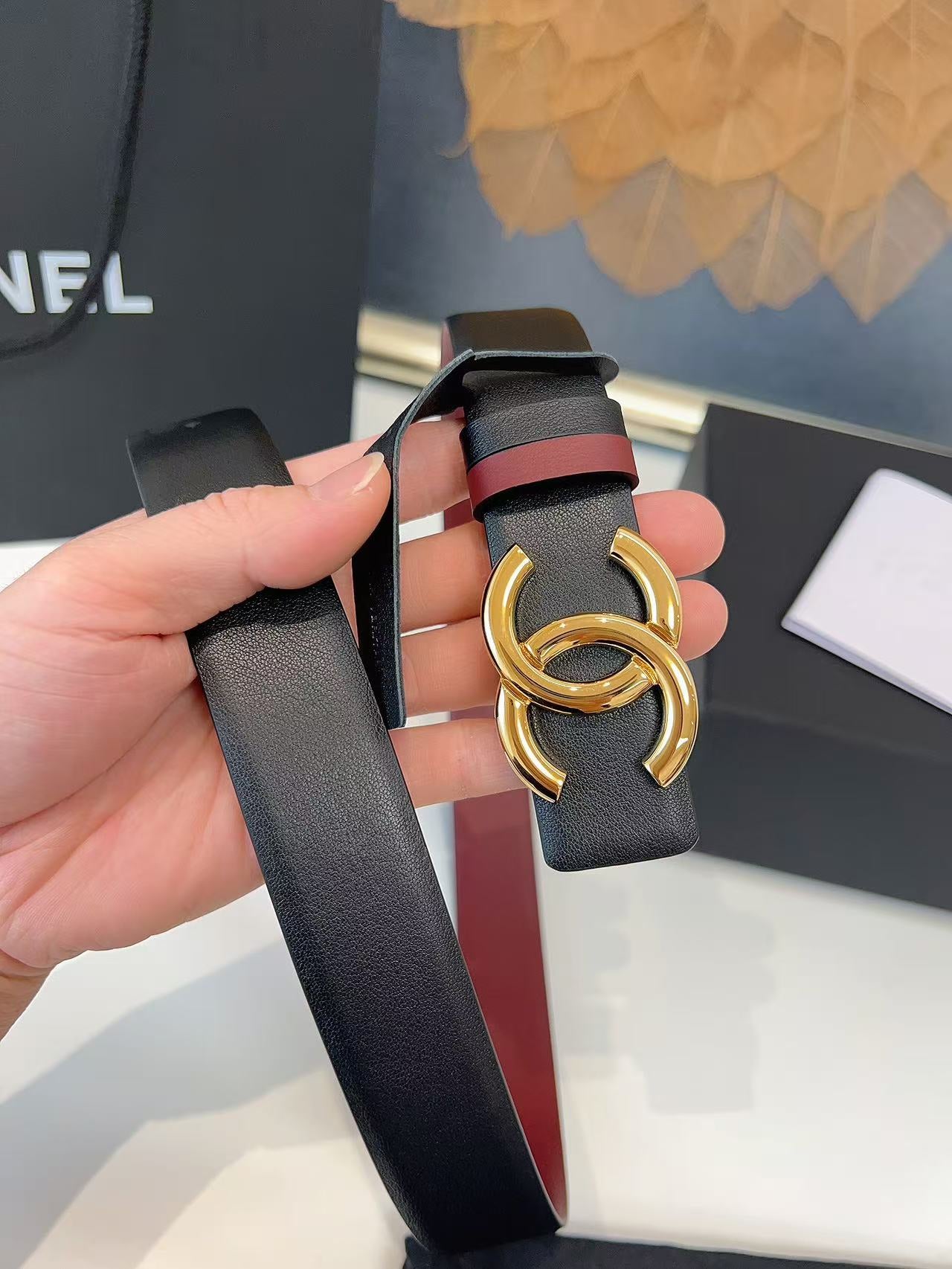 CC 26S BELT 30 MM IN BLACK CALFSKIN GOLD TONE METAL 658697