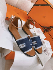 HM 26S SANTORINI SANDAL IN NAVY BLUE CALFSKIN AND FABRIC