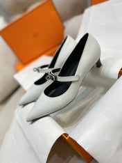 HM 26S MARY JANE POINTED TOE HEELS 40MM IN CREAM WHITE CALFSKIN KELLY BUCKLE