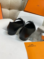 HM 26S KELLY BUCKLE MARY JANE POINTED FLATS IN BLACK CALFSKIN