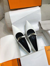 HM 26S KELLY BUCKLE MARY JANE POINTED FLATS IN CREAM WHITE CALFSKIN