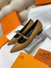 HM 26S KELLY BUCKLE MARY JANE POINTED FLATS IN BROWN CALFSKIN