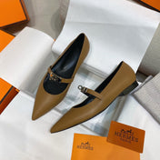 HM 26S KELLY BUCKLE MARY JANE POINTED FLATS IN BROWN CALFSKIN