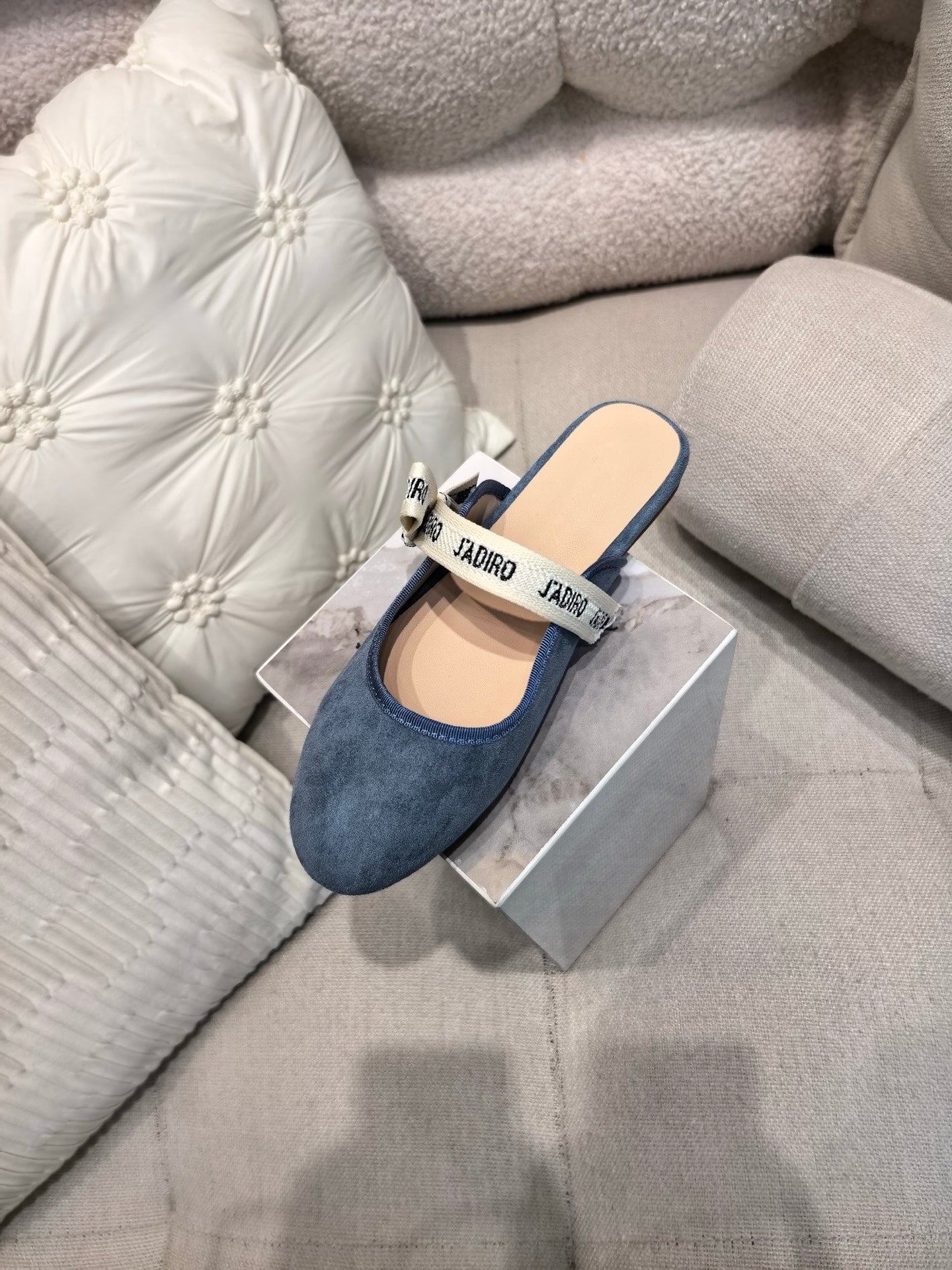 DIOR 26S FLAT MULES IN BLUE SUEDE WITH J'ADIOR BOW