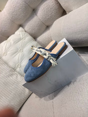 DIOR 26S FLAT MULES IN BLUE SUEDE WITH J'ADIOR BOW