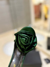 SL IVY FLORAL HEEL SANDALS DARK GREEN SATIN