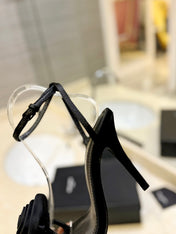 SL IVY FLORAL HEEL SANDALS BLACK SATIN